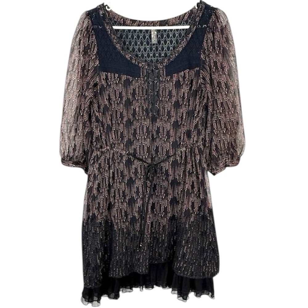 Free People Black Pink Floral Mini Dress Sheer Sleeves Boho Flowing Size Medium